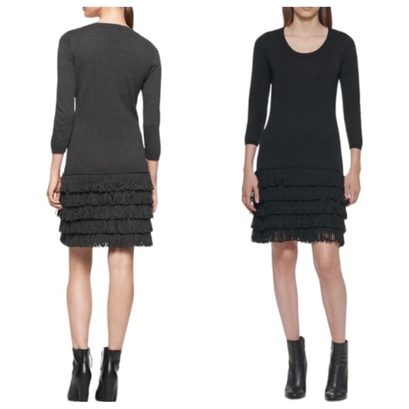 CALVIN KLEIN Fringe Hem Black Sweater Dress - Picture 2 of 10